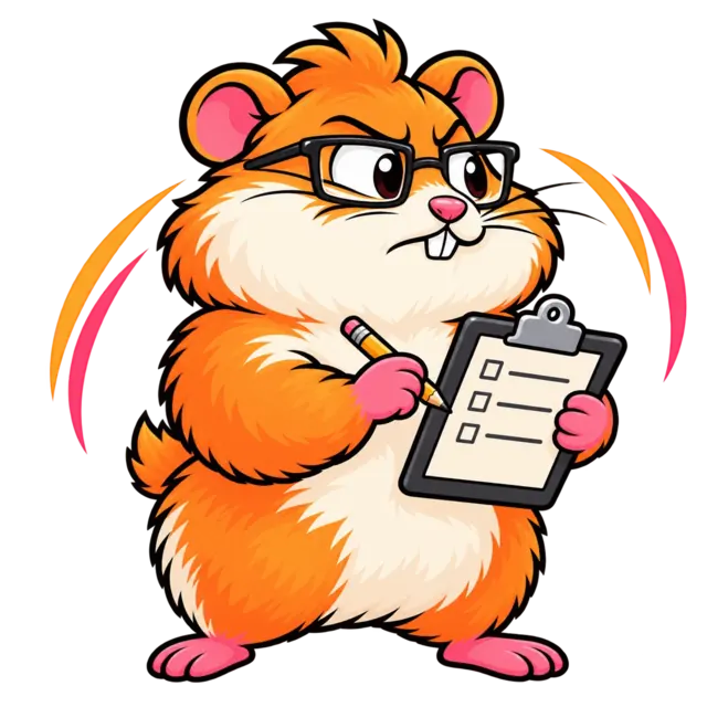 Funky Hamster inspecting quality with a clipboard and checklist