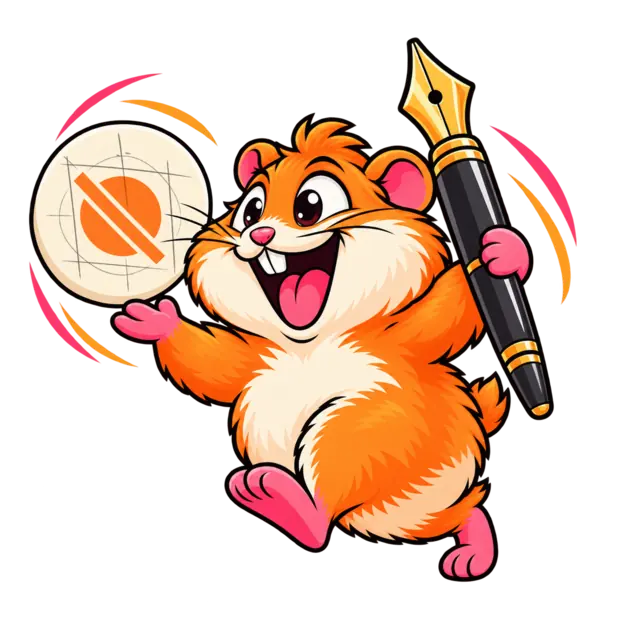 Funky Hamster designing a logo with a pen nib and construction drawing